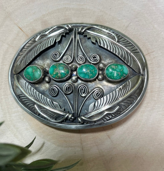 Sonoran Turquoise and Feather Buckle - Sunset TQ Mountain