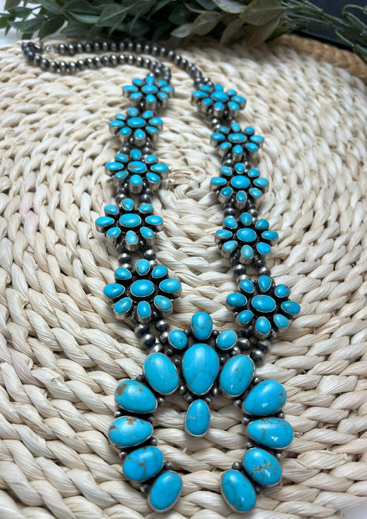 Sonoran Turquoise Large Cluster Squash Blossom and Earrings - Sunset TQ Mountain