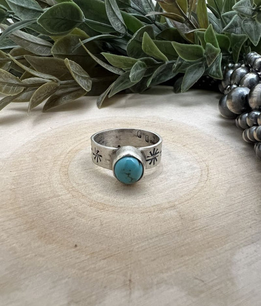 Sonoran Turquoise Ring - 5mm Wide Band with Native Stamping - Sunset TQ Mountain