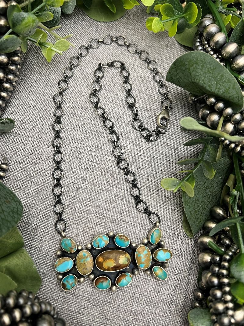 Theresa Smith 13 - stone Mixed Turquoise Mine 8 Bar Necklace - Sunset TQ Mountain
