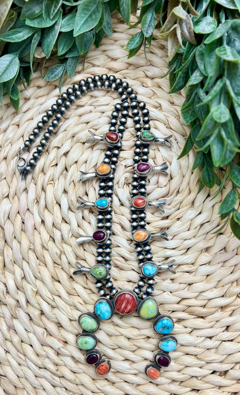 Turquoise and Spiny Oyster Squash Blossom and Earring Set - Sunset TQ Mountain