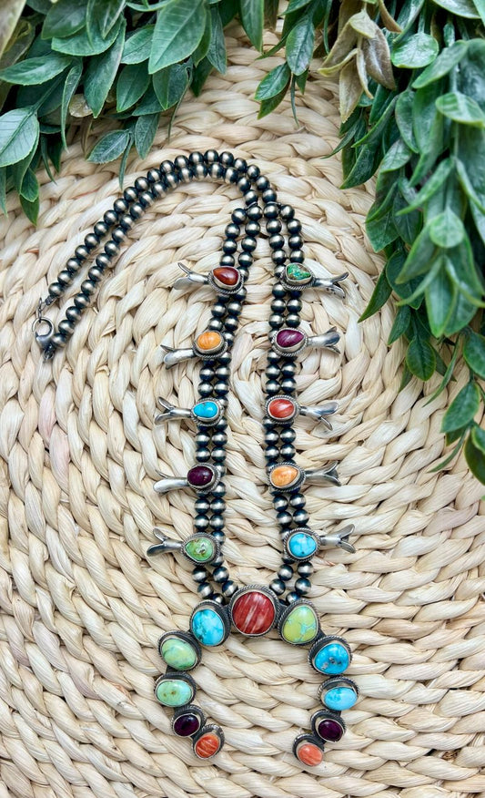 Turquoise and Spiny Oyster Squash Blossom and Earring Set - Sunset TQ Mountain