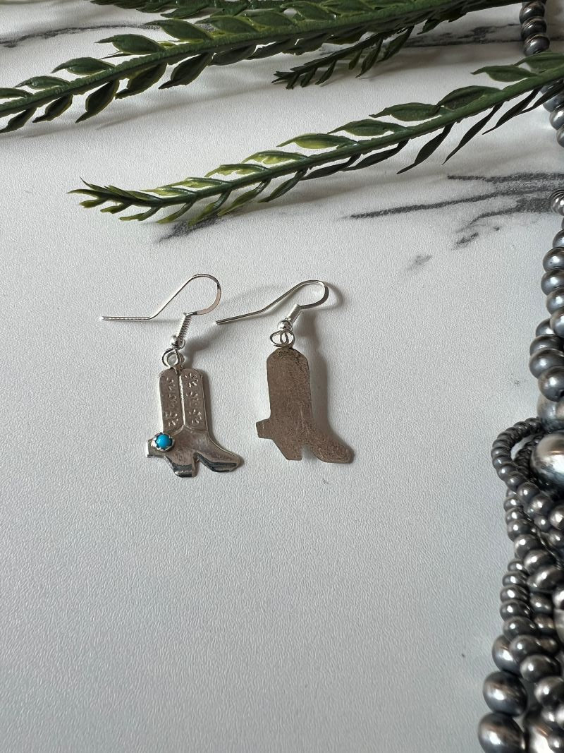 Turquoise Cowboy Boot Dangle Wire Earrings - Sunset TQ Mountain