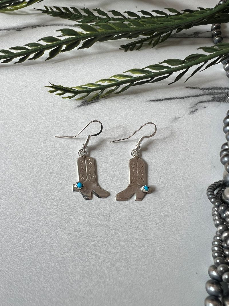 Turquoise Cowboy Boot Dangle Wire Earrings - Sunset TQ Mountain
