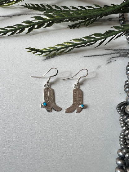 Turquoise Cowboy Boot Dangle Wire Earrings - Sunset TQ Mountain
