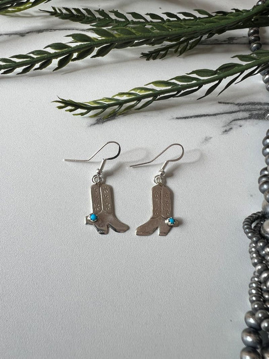 Turquoise Cowboy Boot Dangle Wire Earrings - Sunset TQ Mountain