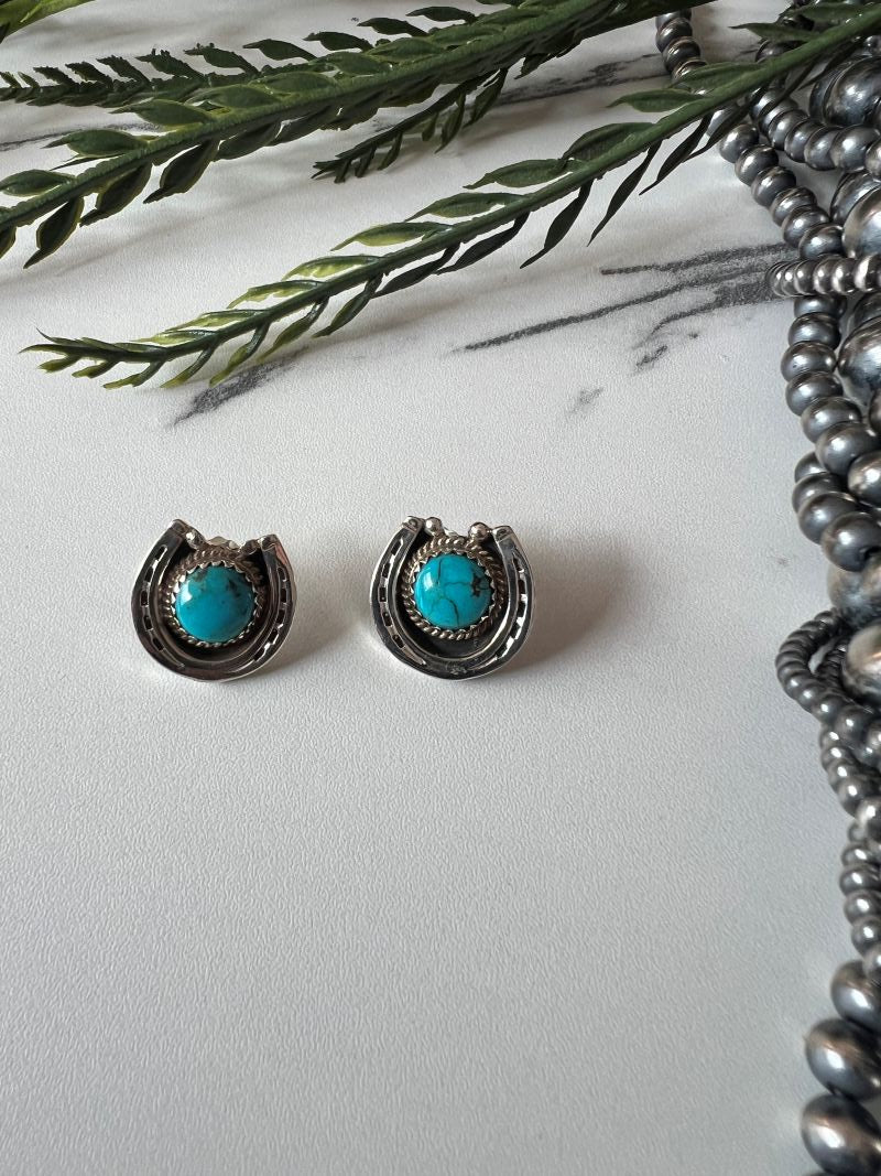 Turquoise Horse Shoe Post Earrings - Sunset TQ Mountain