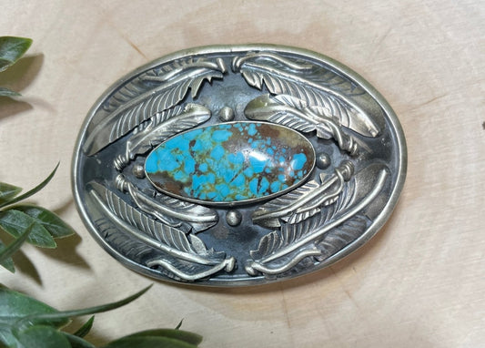 Turquoise Mine 8 and Feather Buckle - Sunset TQ Mountain