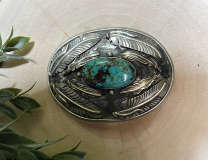 Turquoise Mine 8 and Feather Buckle - Sunset TQ Mountain