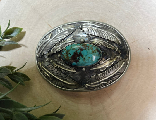 Turquoise Mine 8 and Feather Buckle - Sunset TQ Mountain