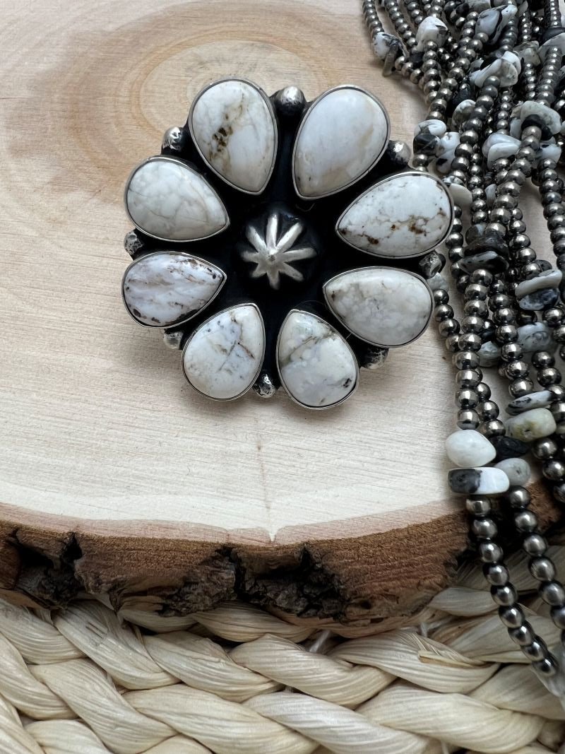 White Buffalo Cluster Rena Shelly Adjustable Rings - Sunset TQ Mountain