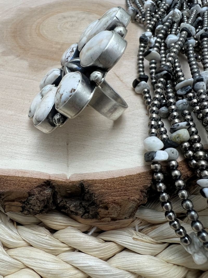 White Buffalo Cluster Rena Shelly Adjustable Rings - Sunset TQ Mountain