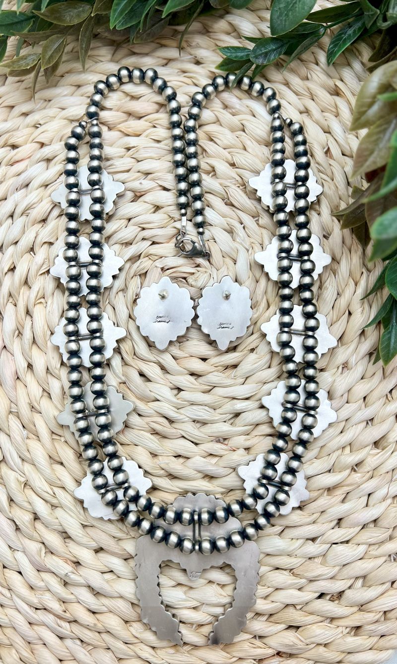 White Buffalo Large Cluster Squash Blossom and Earrings - Sunset TQ Mountain