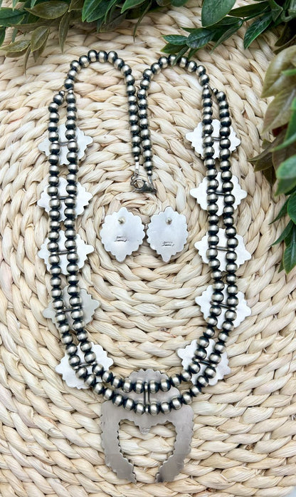 White Buffalo Large Cluster Squash Blossom and Earrings - Sunset TQ Mountain