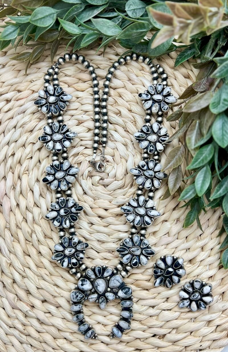 White Buffalo Large Cluster Squash Blossom and Earrings - Sunset TQ Mountain