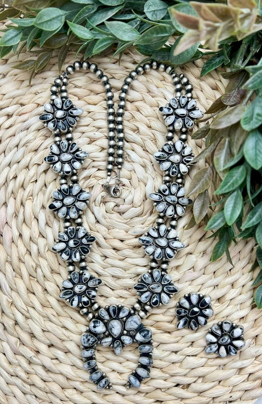 White Buffalo Large Cluster Squash Blossom and Earrings - Sunset TQ Mountain