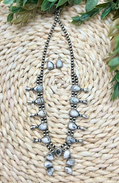 White Buffalo Small Squash Blossom and Earrings Set - Sunset TQ Mountain
