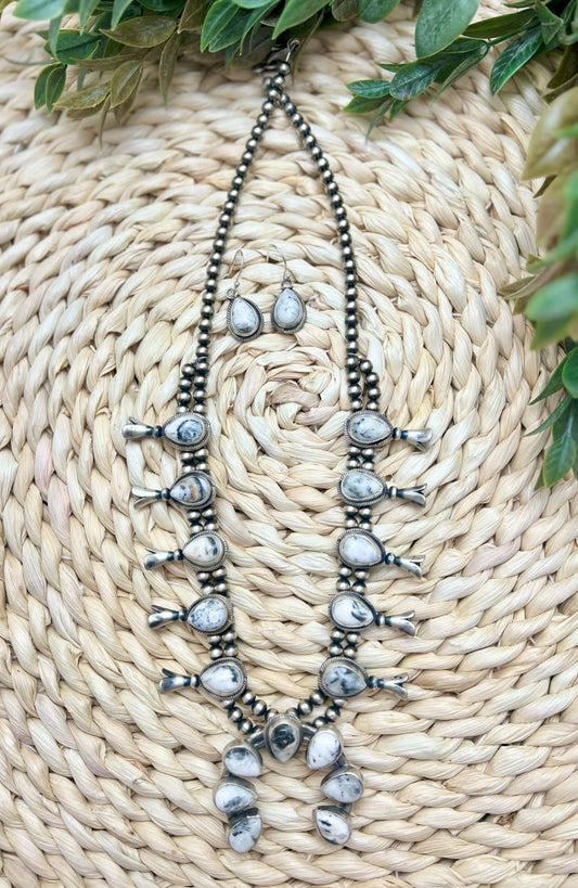 White Buffalo Small Squash Blossom and Earrings Set - Sunset TQ Mountain