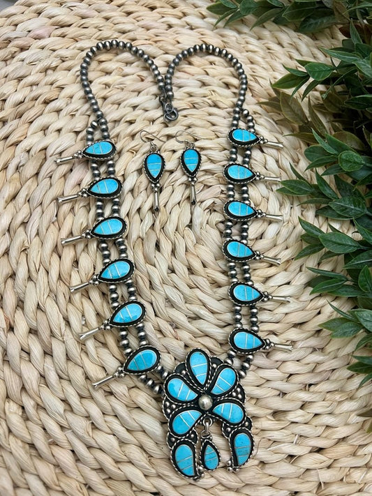 Zuni Turquoise Inlay Squash Blossom Necklace & Earring Set - Sunset TQ Mountain